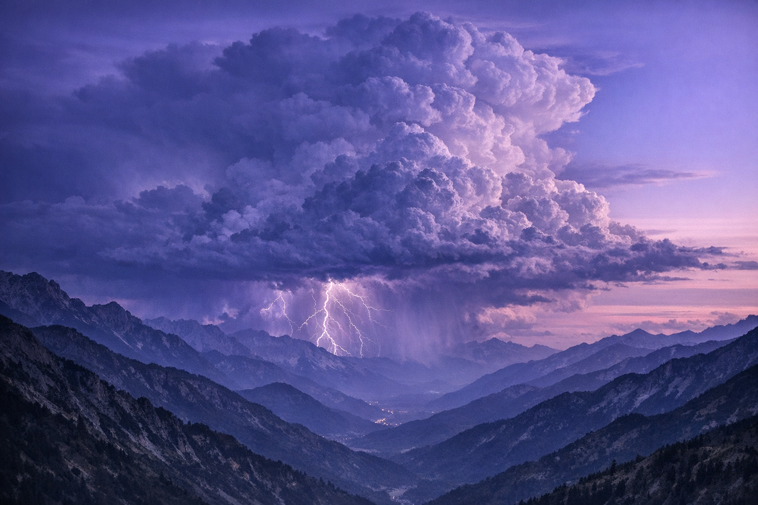 Purple storm clouds over mountain ridges with lightning.