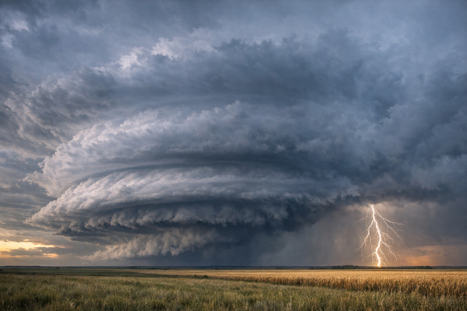 Supercell storm with lightning over open plains.