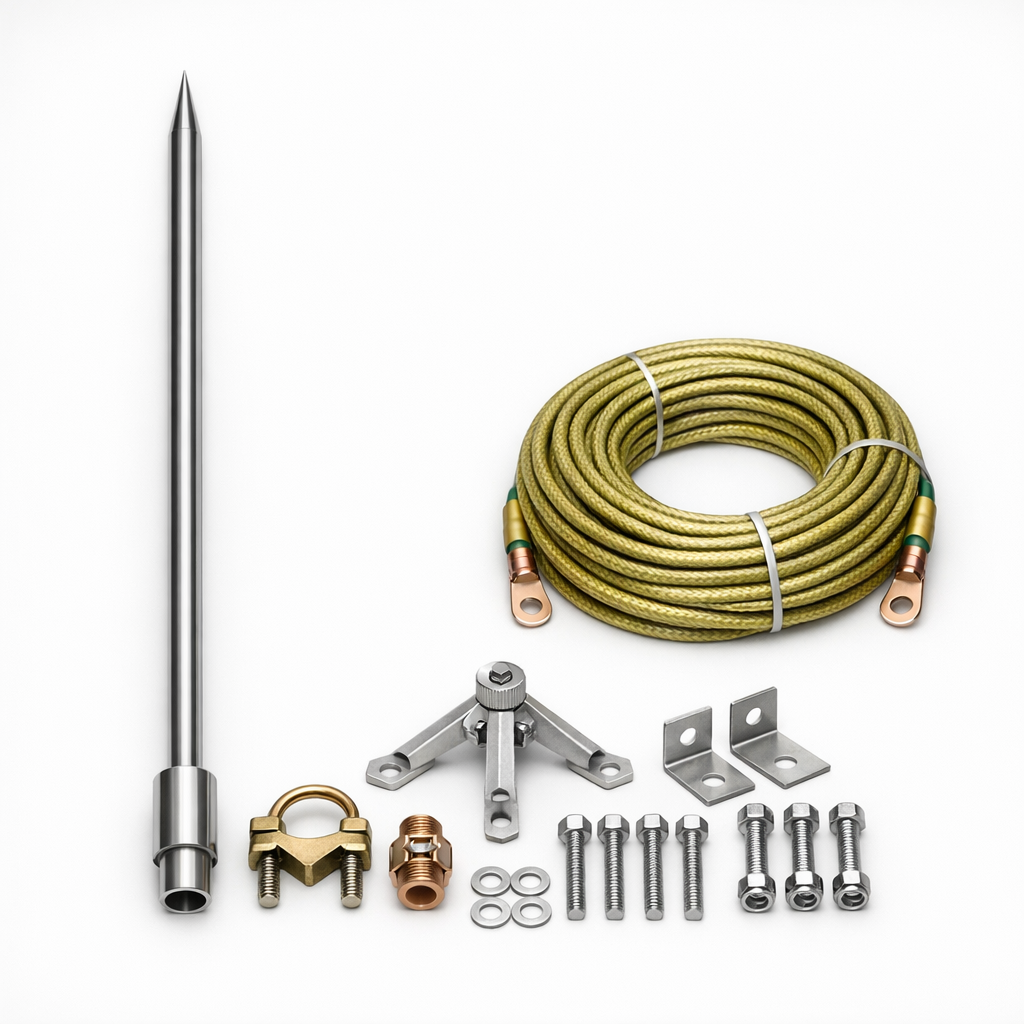 Silver lightning rod kit with grounding cable and mounting plate.