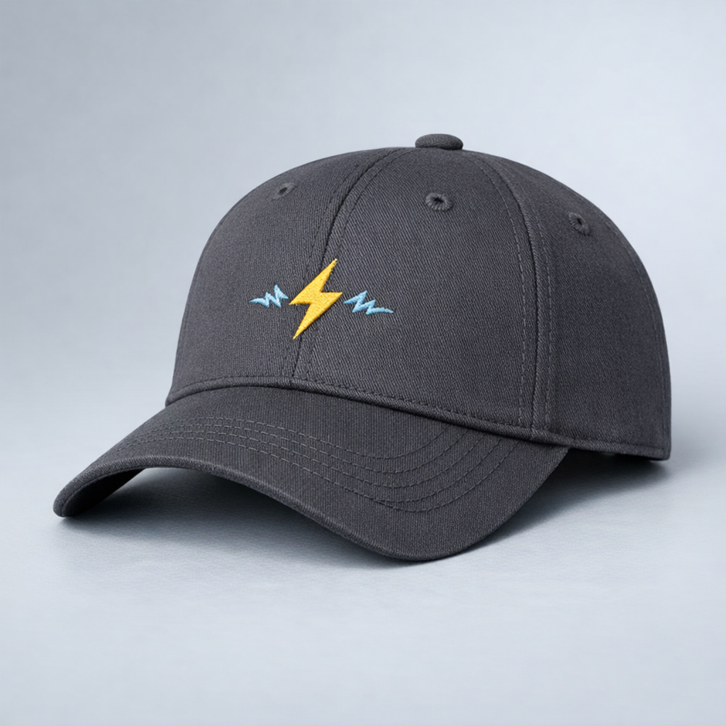 Charcoal baseball cap with a blue electric arc icon.