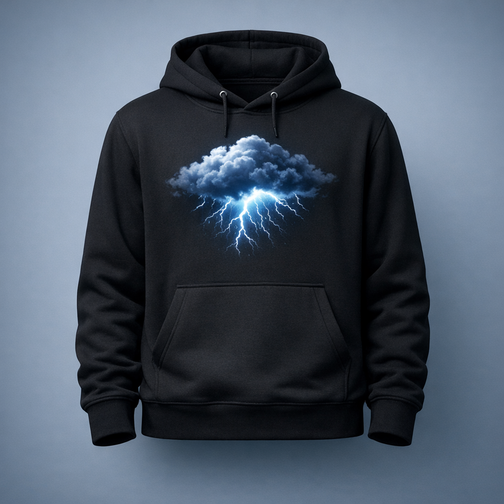 Black hoodie featuring a glowing storm cloud and lightning graphic.