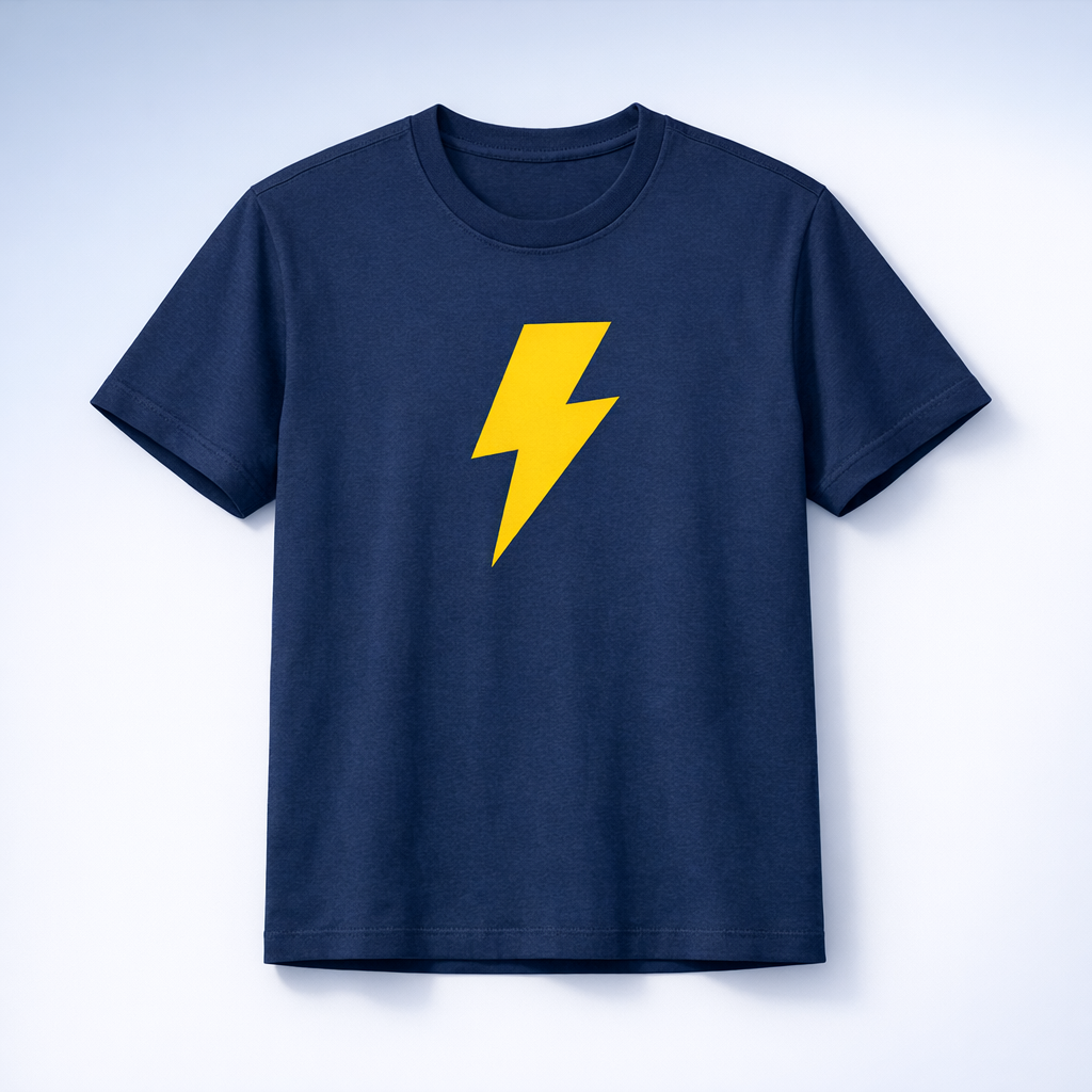 Navy thunder chaser t-shirt with a yellow lightning bolt graphic.